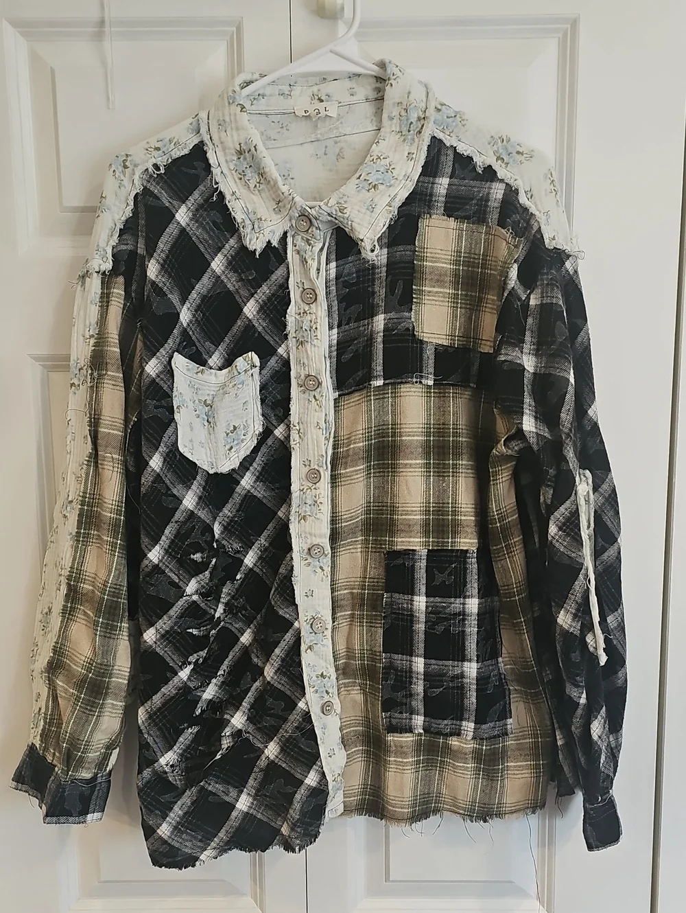 POL Patchwork Plaid Button-Down Shirt in Black, Green, Cream